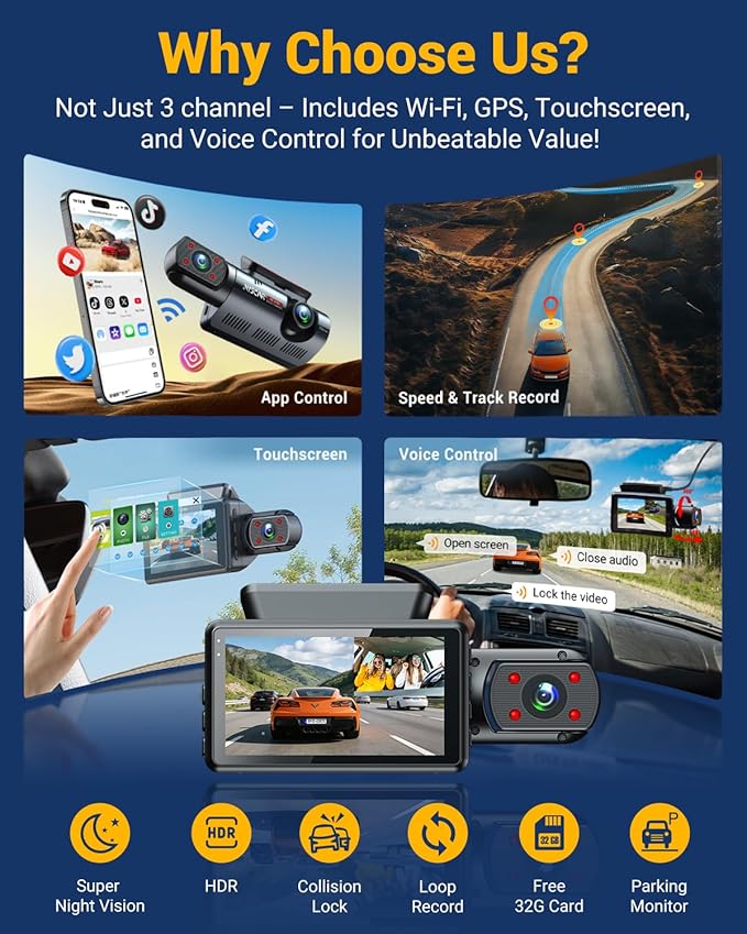 3 Channel Dash Cam with WiFi & GPS, Front and Rear/Inside, Voice Control 4K/2.5K+1080P+1080P Triple Dash Camera for Cars, 3" IPS Touch Screen, Free 32GB Card