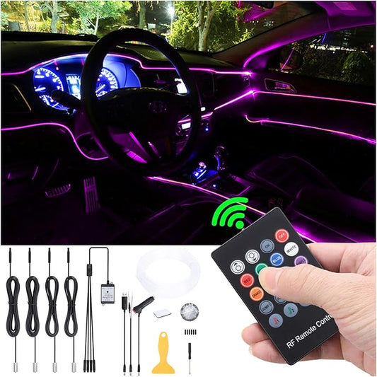 Car Interior Strip Lights, 4 in 1 Multicolor RGB Car Ambient Lighting Kit, 5m Fiber Optic EL Neon Tube Light, DIY Mode Music Sync RF Remote Control DC 12V