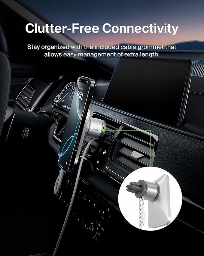 Belkin MagSafe Car Vent Mount Pro, Magnetic Phone Holder for iPhone 16/15/14/13/12, Secure Grip, Portrait & Landscape View, Cable Management, Air Vent Clip, Magsafe Compatible, Silver, Includes Cloth