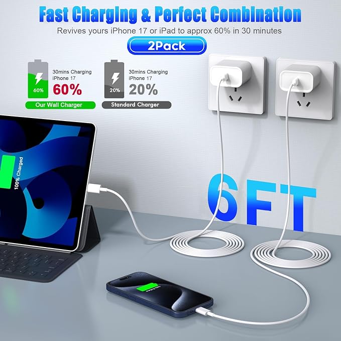 iPhone 17 16 15 Fast Charger, 2-Pack 20W USB C Wall Charger Plug with 6FT Type C High-Speed Fast Charging Cable for Apple iPhone 17 Pro Max/Pro/Air,iPhone 16/15 Pro Max/Pro/Plus/iPad Pro/Mini/AirPods