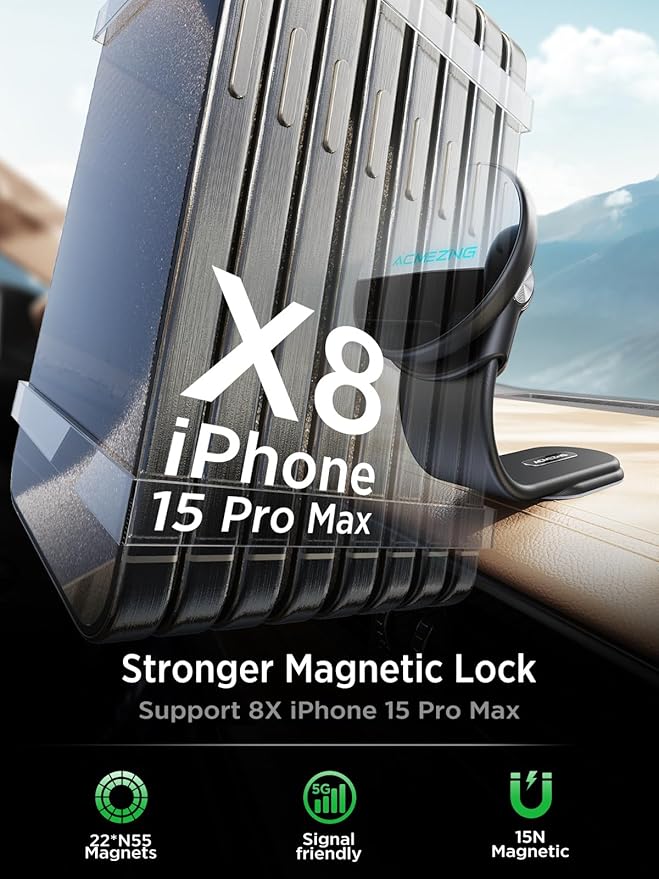 ACMEZING 15W Only for iPhone MagSafe Car Mount Charger, 360% Adjustable Aluminum Alloy Arm, Relocatable Car Phone Holder, Magnetic Wireless Fast Charging, Cell Phone Holder for All Car Models, Black