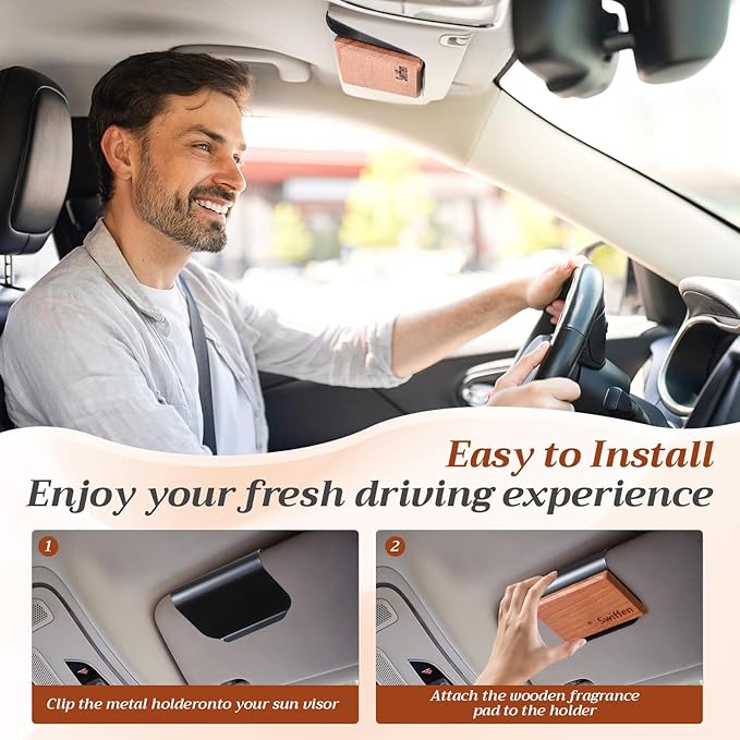 4 Pcs 4 Scents Car Wood Air Freshener Set Wood Fragrance Automotive Odor Eliminator for Visor Clip Vehicle Scent Diffuser with Amber Pine Tectona Grandis Grove Scent Refill, Clip Included