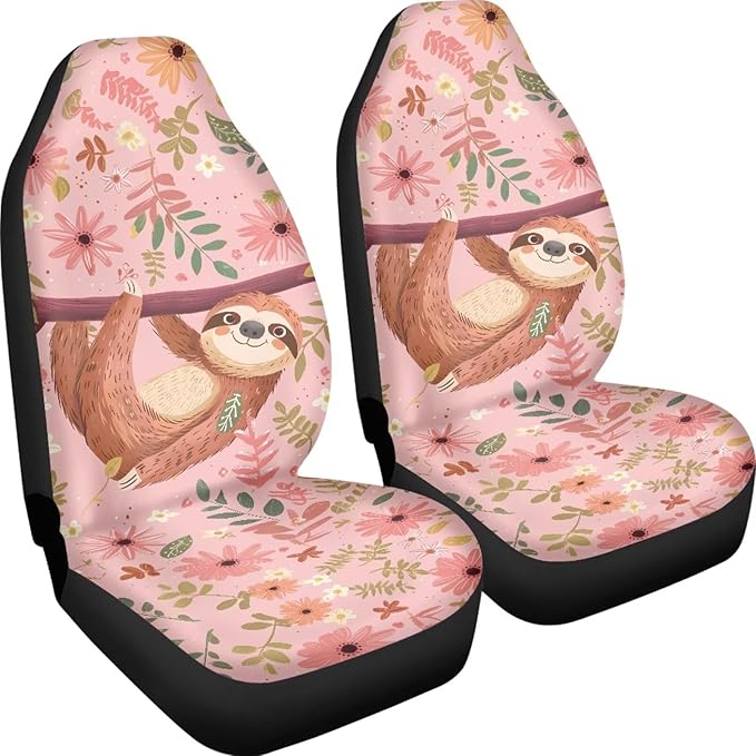 Cute Sloth Car Seat Cover Set of 2, Music Note Design Auto Accessories for Men Women, Soft Automotive Protective Interior Universal