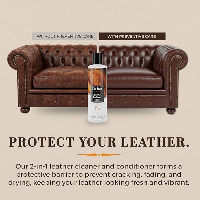 Hide Bracer Leather Cleaner and Conditioner 8 Fl oz | Cleans, Conditions, Protects | Prevents Drying, Cracking & UV Fading of Finished Leather, Furniture, Car Seats, Saddles & Purses