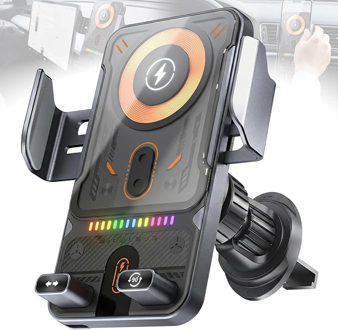 Motorized 90-Degree Rotating Wireless Car Charger Mount with Auto Clamping, 15W Fast Wireless Charging Air Vent Phone Holder for Most Smartphones (Gray)