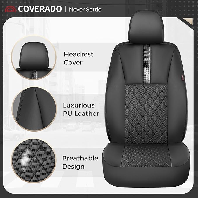 Coverado Car Seat Covers Full Set, Automotive Leather Seat Covers for Car，Universal Fit Front Back Seat Cover, Non-Slip Waterproof Breathable Car Seat Protector
