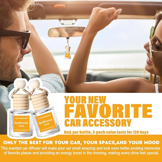 C Classy Hanging Car Air Freshener 2 Pack, Spellbound Love Essential Oil Diffuser, Long-Lasting Fragrance, Cute Glass Bottle Car Accessories for Women & Men, Made in USA