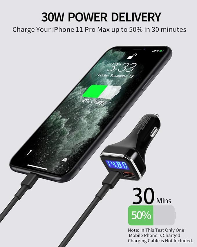 USB C Car Charger Adapter with Voltage Display, 30W Cigarette Lighter Type C Fast Charge Power Delivery & Quick Charge 3.0 (PD & QC), Volt Meter Battery Monitor, Compatible with iPhone Galaxy