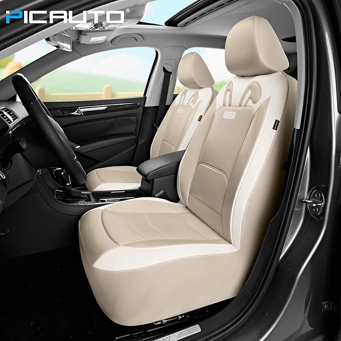 PIC AUTO Car Seat Covers, Cute Rabbit Premium Beige Leather Seat Covers, Universal Fit Front Seat Covers for Cars, Trucks, SUVs, Soft & Wear-Resistant Auto Interior Protection with Airbag-Compatible