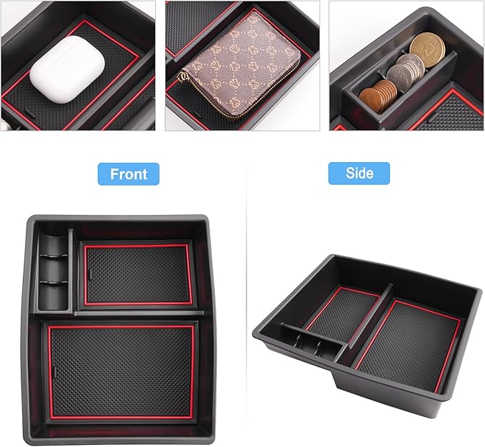 2024 2025 2026 Tacoma Center Console Organizer for Toyota Tacoma (All Trims), Durable ABS Plastic&Anti-Slip Rubber Console Tray Glove Insert 2025 2026 Tacoma Accessories (with Red Mats)
