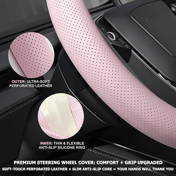 Microfiber Leather Universal 14.5-15 inch Steering Wheel Cover,Easy to Install Non-Slip Breathable Steering Wheel Protector Light Pink