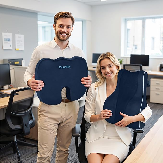 CloudBliss Ergonomic Lumbar Support Pillow Seat Cuhsion - Memory Foam for Lower Back Pain Relief, Adjustable Straps & Mesh Cover for Office, Gaming, Car Seat (Blue)