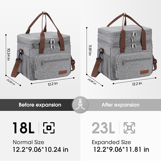 Maelstrom Lunch Box, 23L Insulated Lunch Bag, Expandable Double Deck Cooler Bag, Lightweight Leakproof Tote Bag With Side Tissue Pocket, Suit For Men and Women (B. Gray)