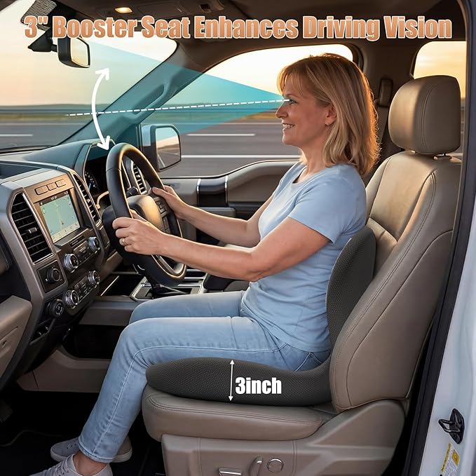 Car Seat Cushion with Lumbar Support for Long Driving Truck RV, 3" Lift Breathable Ergonomic Memory Foam Cushion for Hip, Coccyx, Sciatica, Tailbone & Lower Back Support Vehicles Office Chair (Black)