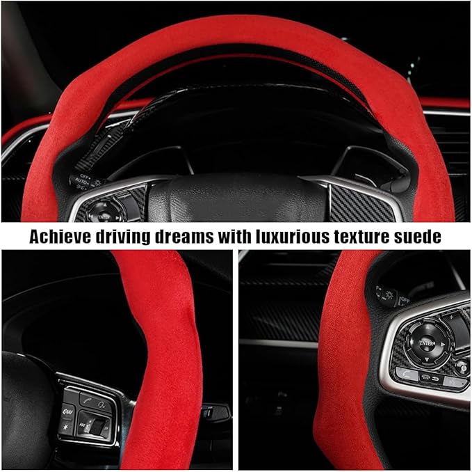 Mandark Car Steering Wheel Cover, Suede Sport Vehicle Steer Wheel Protector Fitting 15 Inch, Non-Slip Comfortable Automotive Interior Decoration Accessories, Universal for Most Cars (Red)