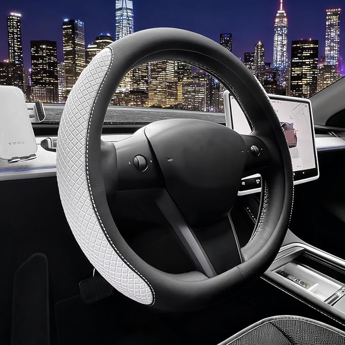 SEG Direct Flat Bottom Steering Wheel Cover, D Shaped Car Wheel Cover 14-14 1/4 in. (35.5-36 cm), for Tesla Model 3 / Y, for Camaro, Black White Embossed Microfiber Leather
