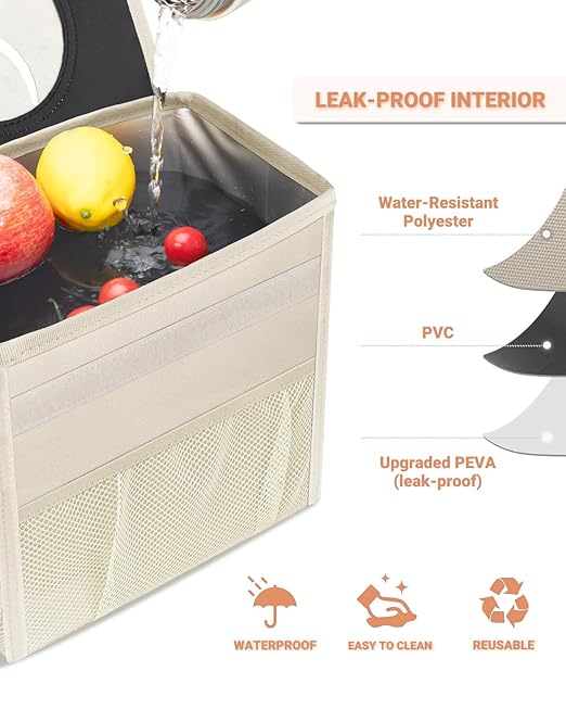 Capolo Car Trash Can with Lid, Leakproof Car Trash Bag Hanging Waterproof Automotive Garbage Can with Storage Pockets Mini Vehicle Trash Bin for Back/Front Seat(Beige,3 Gallon)