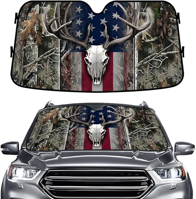 GENANY Hunting Car Sun Shade for Car SUV Truck (55x30 inches), Deer Skull Sun Shade Windshield, Shades for Front Windows, Protector Blocks UV, Car Decor