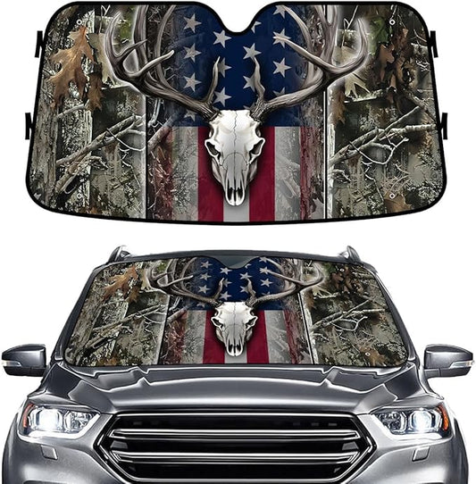 GENANY Hunting Car Sun Shade for Car SUV Truck (55x30 inches), Deer Skull Sun Shade Windshield, Shades for Front Windows, Protector Blocks UV, Car Decor
