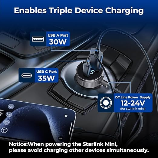 Starlink Mini Cable, 3 in 1 Starlink Mini Car Charger DC Power Cable+ Cigarette Lighter Adapter 12V-48V with Digital Display, Durable USB C PD 40W and USB A 35W Ports for Trucks and Cars (13.1FT)