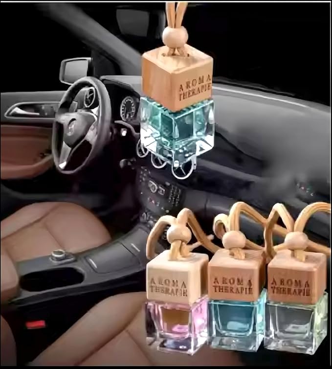 Aromatherapy Car Air Freshener, Natural Fragrance Hanging Diffuser, Long Lasting, Multiple Scents Including Peach, Vanilla Cream, Pink Coconut, and Freesia, Glass Bottle with Wooden Cap, 4pcs