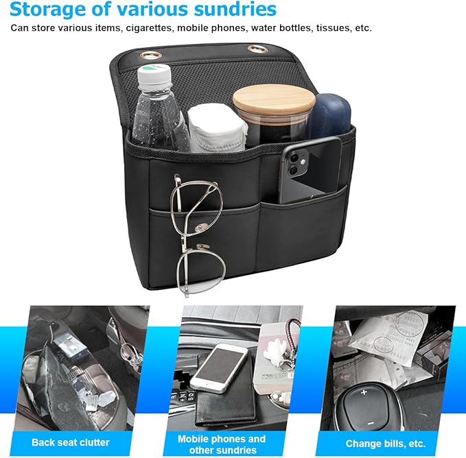 Car Seat Back Organizer, Multipurpose Leather Vehicle Backseat Hanging Bag Holder with Pockets, Large Capacity Automotive Interior Storage Box Accessories, Universal Fit (Black)