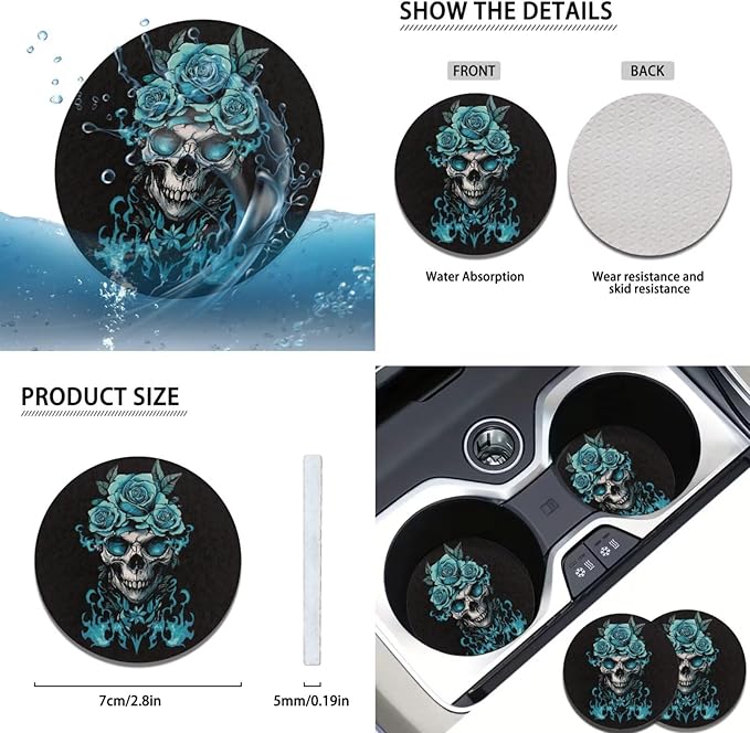 Green Rose Flower Car Accessories 6 Pcs Sets Skull Print Car Steering Wheel Cars Funny Cars Armrest Cover Handbrake Cover Auto Interior Sets
