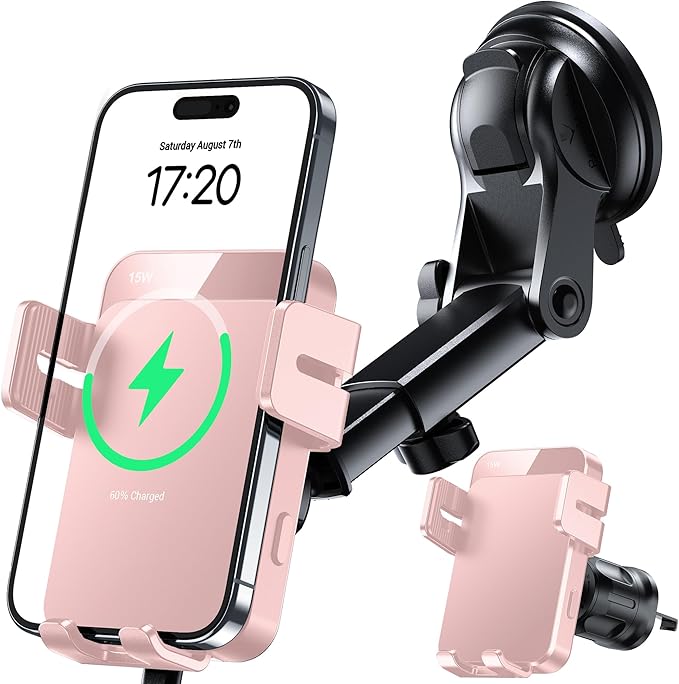 MOKPR Wireless Car Charger, 15W Auto Clamping Car Charger Dash Windshield Air Vent Phone Holder Compatible with iPhone 16 15 14/13/13 Pro/12 pro/12/11/X/8, Samsung S24/S23/S22, Pink