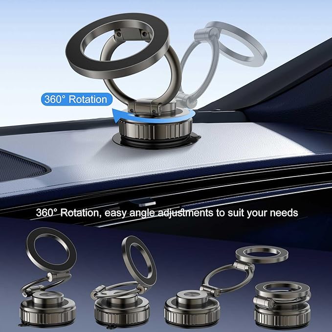 Kairiyard Phone Holders for Your Car, [80+LBS Strongest Suction & 2800gf Magnetic] 360° Adjustable Foldable Vacuum Magnetic Suction Car Cell Phone Holder Mount Compatible for MagSafe iPhone Car
