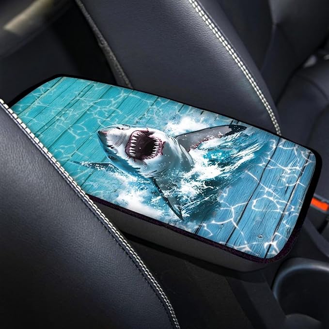 Suobstales Shark Wood Print Car Armrest Pad Soft Center Console Arm Rest Protector Cover Universal Car Interior Accessories Decoration