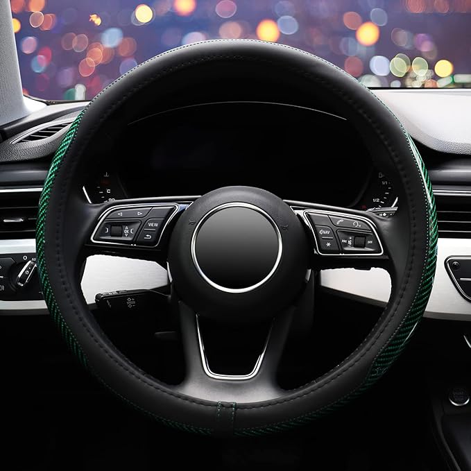ZHOL Carbon Fiber Steering Wheel Cover, Universal 15 Inch Microfiber Leather Auot Car Steering Wheel Cover for Women Men, Anti-Slip, Black&Green