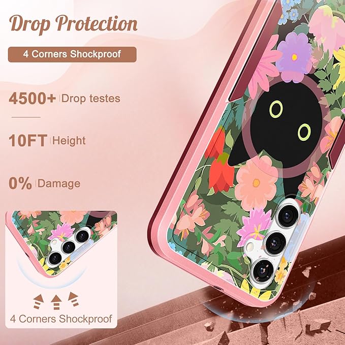 for Samsung Galaxy A14 5G Phone Case - Compatible with MagSafe Women Girls Cute Magnetic Protective Cover Girly Cat Flower Floral Heavy Duty Shockproof Design for Samsung Galaxy A14 5G Cases