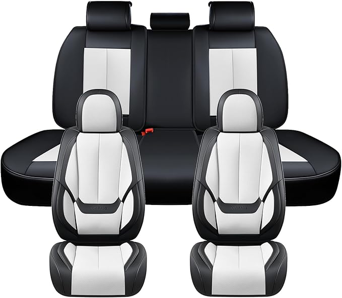 Coverado Seat Covers, Car Seat Covers Full Set, Leather Seat Covers for Cars, Car Seat Protector, Black Car Seat Covers Front Seats and Back Seats Universal Fit for Most Cars White
