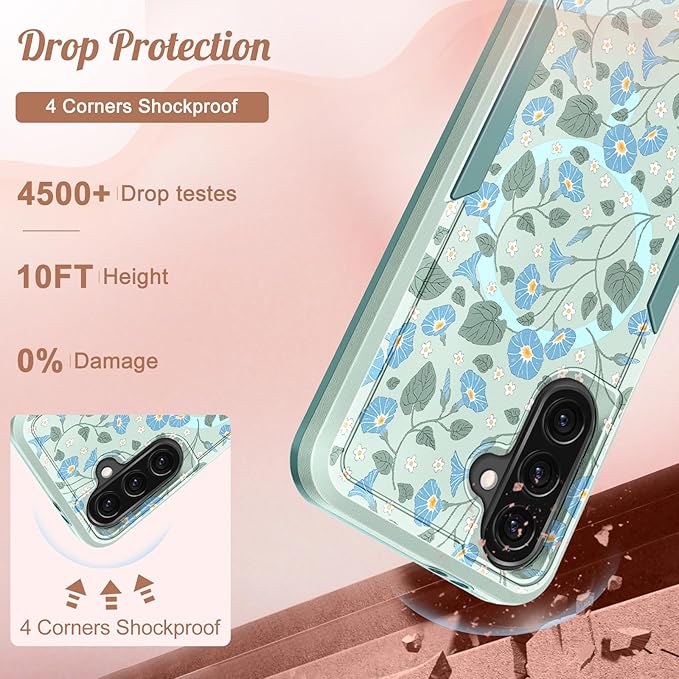 for Samsung Galaxy A36 5G Phone Case - Compatible with MagSafe Women Girls Cute Magnetic Protective Cover Unique Girly Blue Flower Heavy Duty Shockproof Design for Samsung A36 5G Cases 6.7"