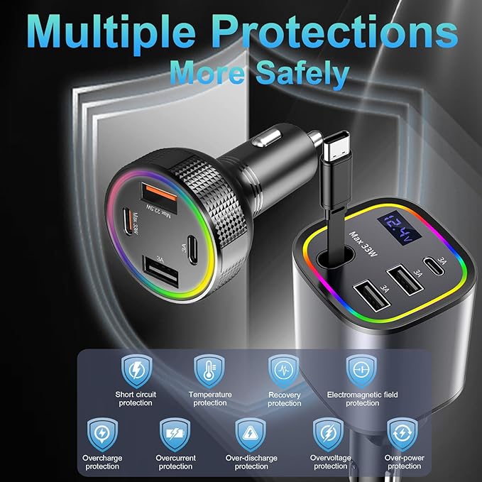 2 Car Charger USB C, AGEMANY 78W Retractable Car Charger with Cable 4in1 & 4 Ports Cigarette Lighter Adapter 85.5w Fast Charging Car Phone Charger for iPhone Android, 12v/24v Car Accessories Gift