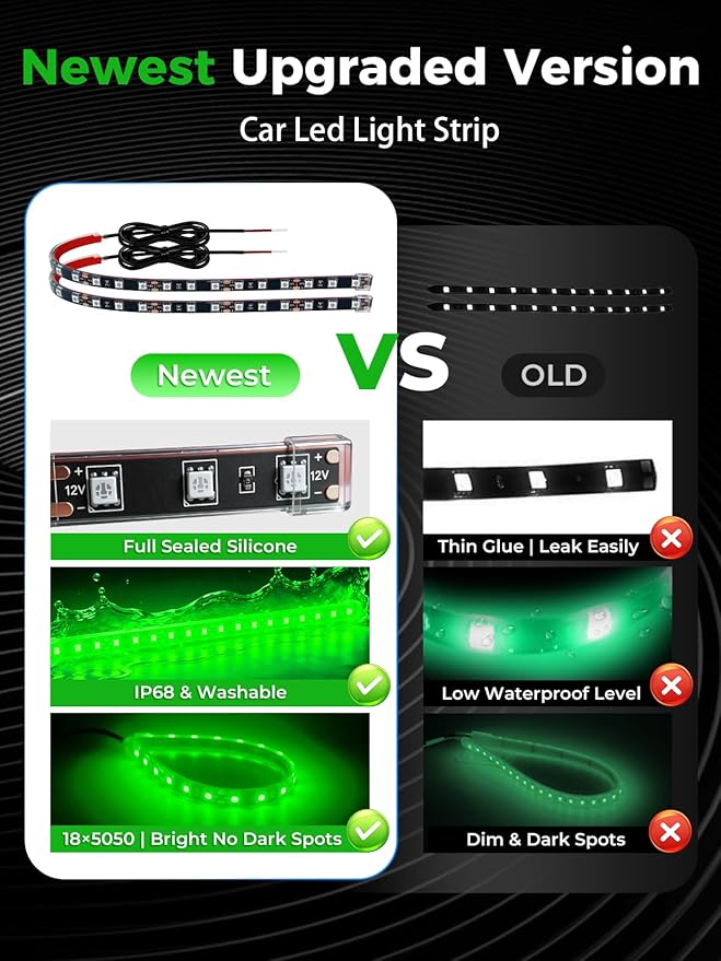 LED Strip Lights 12V Cuttable IP68 Waterproof 12 Inch Interior Exterior Underbody Light for Car SUV Truck Motorcycle Boat Golf Cart 18 SMD 5050 Green 4 Pack