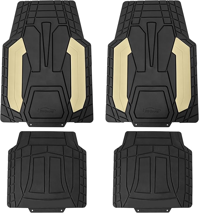 FH Group Automotive Floor Mats, Heavy-Duty Rubber, Stripe Design, Universal Fit Full Set, Trimmable Climaproof Floor Mats for Most Sedan, SUV, Truck, Beige