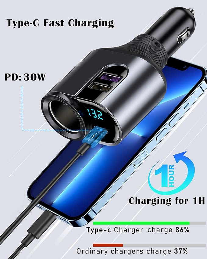 LIHAN USB C Car Charger, 12V/24V Cigarette Lighter Socket Splitter with 3 USB Ports, PD 30W Fast Charging, Compatible with iPhone, Galaxy, iPad, GPS, and More