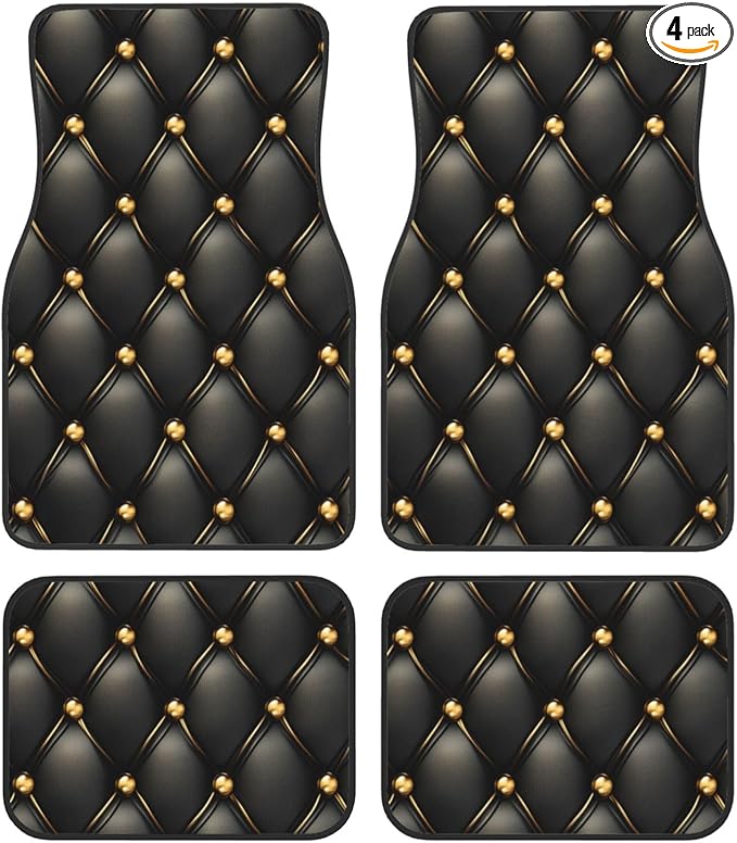 Black and Gold Leather Texture Car Floor Mats,4 Piece, Car Rug Durable Anti-Slip Waterproof Trim to Fit Liner Universal Fit Auto,Sedan,SUV,Truck