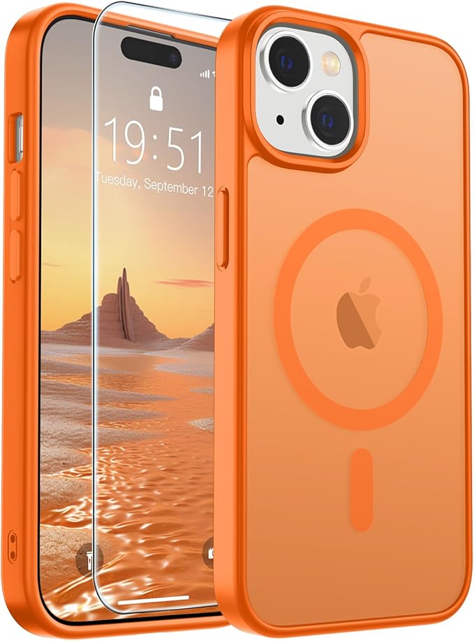 SUPFINE Magnetic for iPhone 15 Case with Screen Protector (Compatible with MagSafe) (Military Grade Drop Protection) Translucent Matte Shockproof Phone Cover,Starry Orange