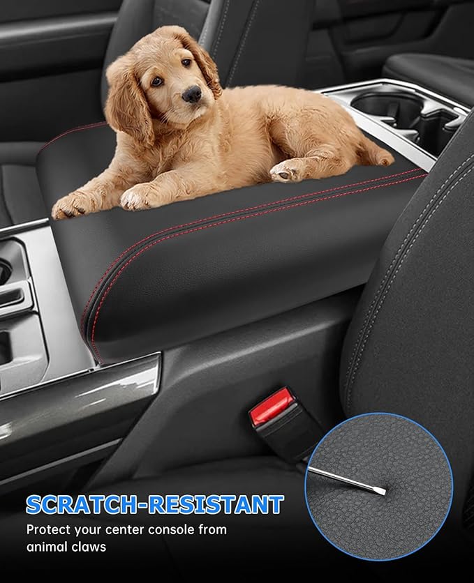 INTGET Center Console Cover for 2025 2026 Ford F150 Accessories Interior 2021 2022 2023 2024 Car Middle Arm Rest Armrest Lid Seat Cover Protector Elbow Cushion Pad (red Stitches, 2021-2026)