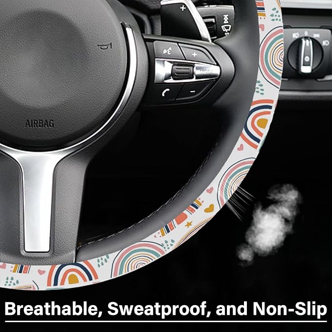 Boho Rainbow Steering Wheel Cover, Cute Print Steering Wheel Cover Protector, Ultra Thin Breathable Non-Slip, Car Accessories for Women, for Steering Wheel with a Diameter of 14.5"-15"