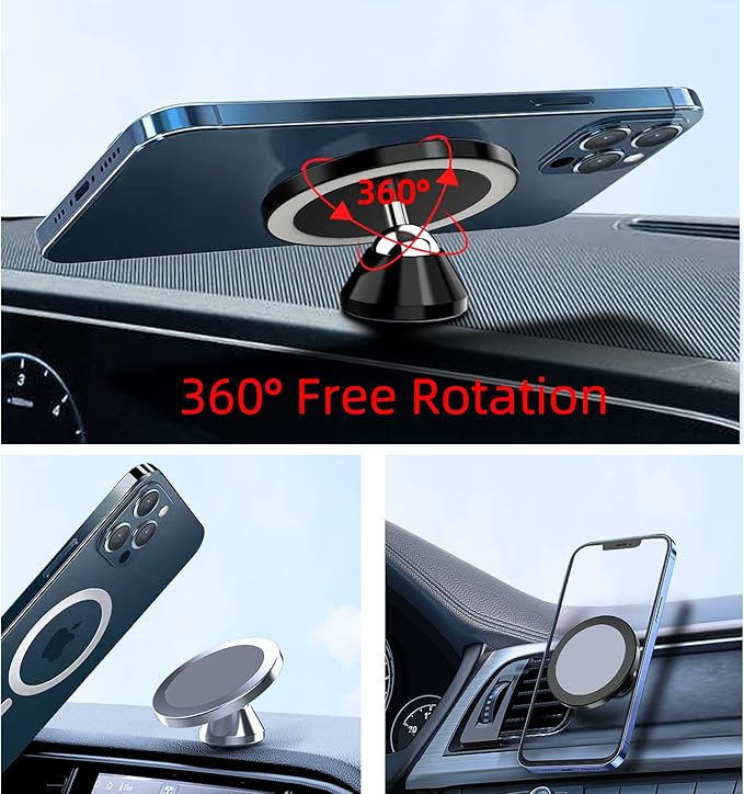Magnetic Phone Holder for Car, [ 2 Groups Super Strong Magnet ] [ 360° Rotation ] Universal Dashboard Car Mount Holder Compatible with All Smartphones (Silver)
