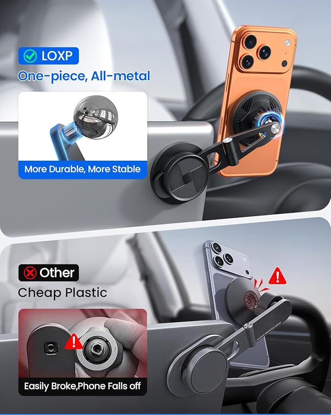 LOXP Upgrade Tesla Phone Mount [Strong Magnetic & Foldable] Aluminum Car Mount for Tesla Model 3/Y/Juniper, 360 Rotating Tesla Phone Holder Fits for iPhone 17 16 15 Pro Max, Tesla Accessories