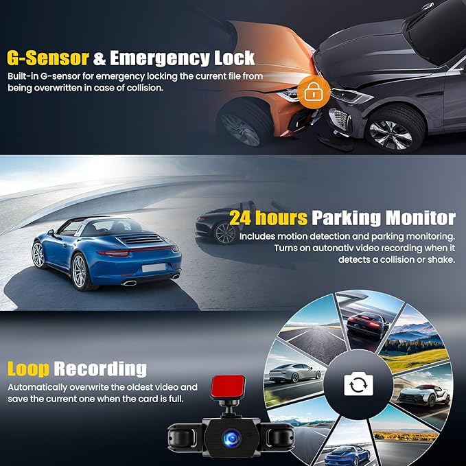 4 Channel Dash Cam Front and Rear Inside Left Right,2 Inch 1080P Front and Rear Dash Camera for Cars Car Camera with Night Vision,Loop Recording,Parking Assistance,24H Parking Monitor
