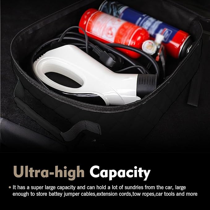 Car Jumper Cable Bag, 12.6In Leather Waterproof Tools Cable Bag, Portable Car Trunk Storage & Organizer for EV Charging Cord, Hoses, Universal for Road Trip Garage