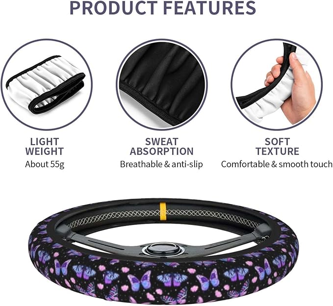 Purple Butterfly Steering Wheel Cover - Beauty Butterfly Wheel Cover Anti-Slip Breathable Universal for 15 Inch Car Steering Wheel Cover with 2 Pieces Car Coasters Suitable for Men Women