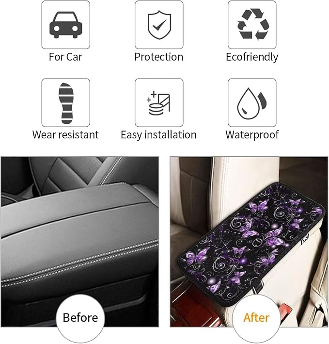 Car Center Console Cover Purple Butterfly Polyester Fabric Auto Armrest Cover Boho Flower Butterflies Cute Hippie Scratch Resistant Wear-Resistant Universal Car Armrest Storage Box Pad