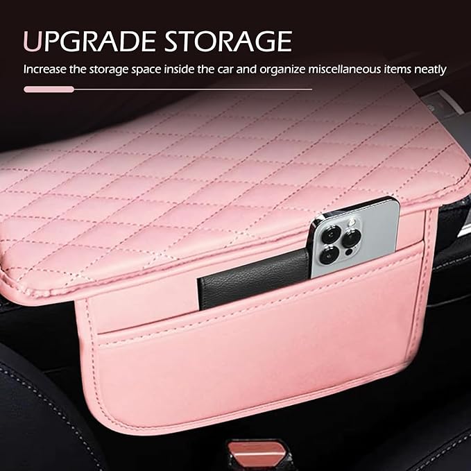 Car Center Console Cover, Waterproof Leather Car Armrest Cover Cushion with Side Storage Pockets, Upgraded Vehicle Armrest Storage Box, Universal for SUV, Sedan, Truck (Pink)