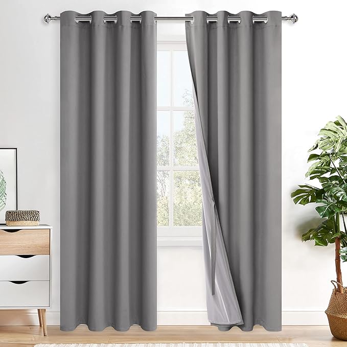 XWZO 100% Blackout Curtains 84 Inches Long with Tiebacks- Privacy Protection & Noise Blocking Window Draperies Grommet Top with Black Liner for Bedroom/Living Room, Grey, W52 x L84, Set of 2